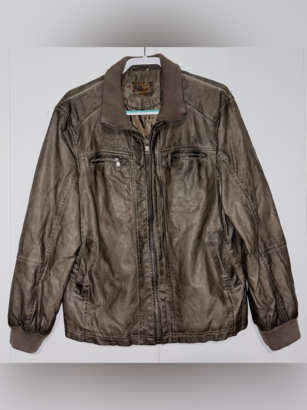 Pronto Uomo BLUE Mens Faux Leather Jacket L Brown Moto Bomber Full Zip Ribbed